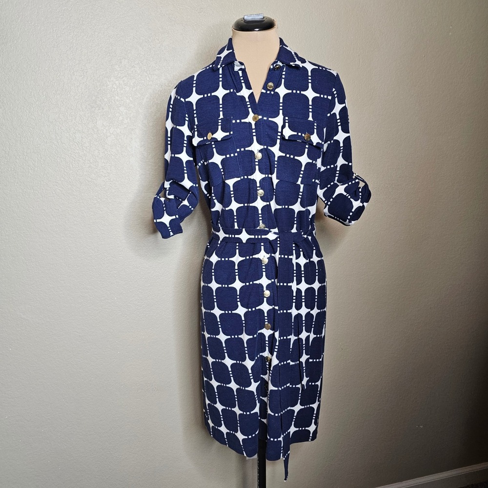 Elizabeth McKay Navy White Geometric Ponte knit Shirt Dress Gold Buttons Size 4